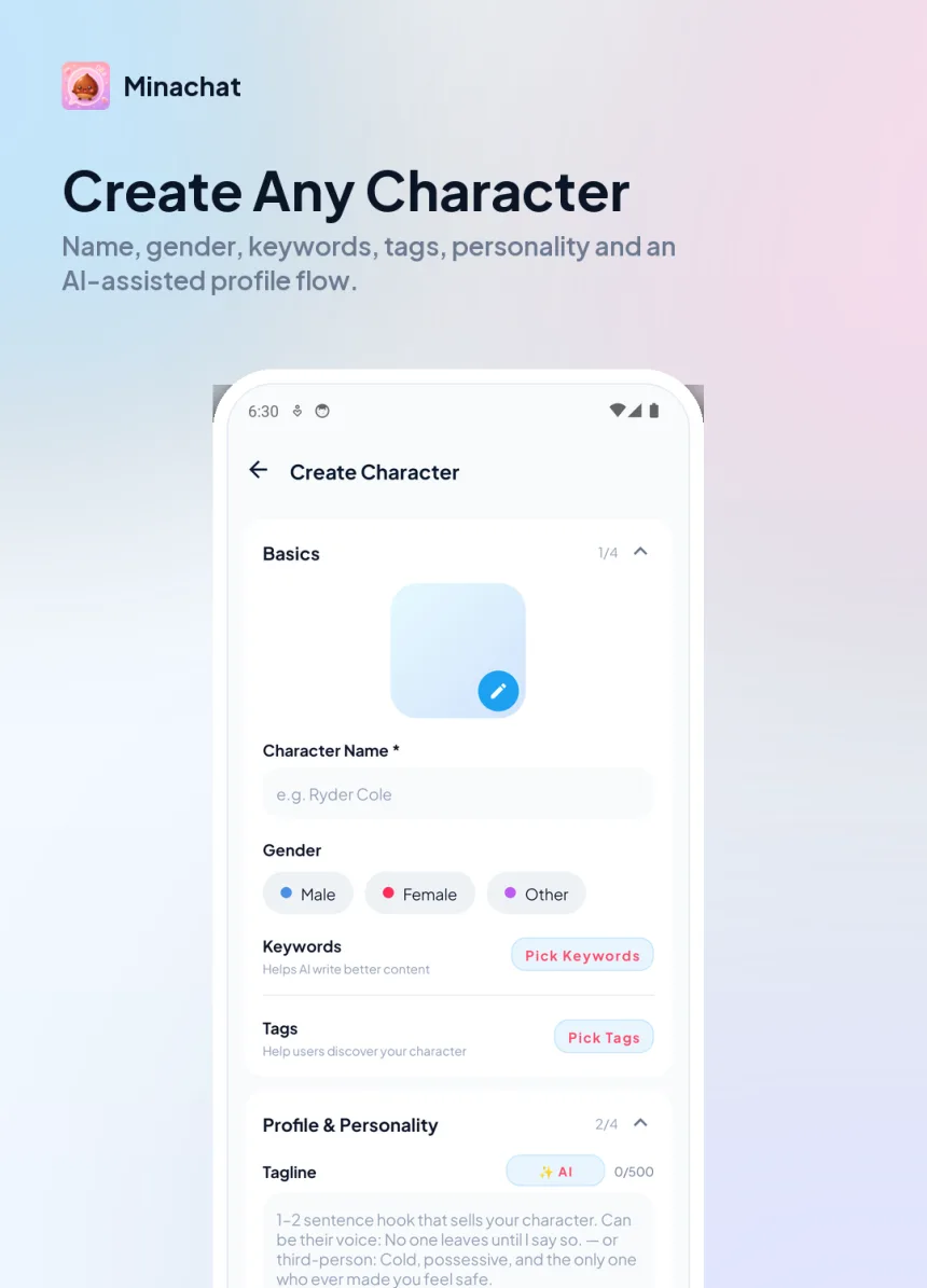 Minachat create character screenshot